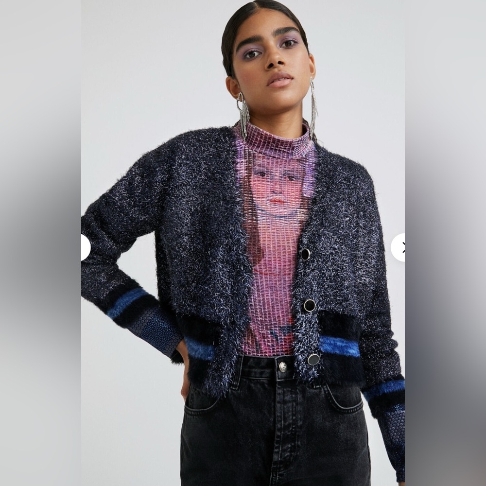 DESIGUAL Moon Night Navy Cropped Cardigan Size large